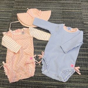 2 rufflebutts swim suits and matching hat
